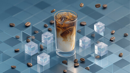 Futuristic Iced Coffee with Floating Ice Cubes and Coffee Beans on Geometric Background