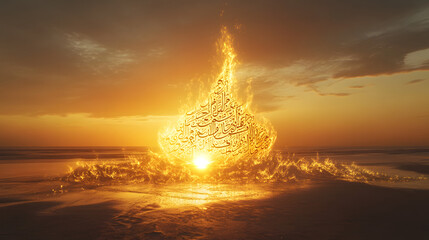 An aweinspiring scene of a fiery sphere rising from the ocean at sunset, illuminating the water and sky with intense colors and creating a dramatic effect