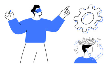 Person wearing VR headset interacts with virtual elements, gear symbol for innovation, head filled with flowers. Ideal for tech progress, creativity, innovation, education, exploration, growth