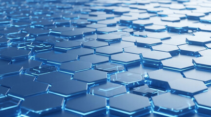 Abstract futuristic technology background with glowing blue hexagonal shapes creating geometric pattern and depth of field effect
