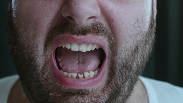 Close up of a bearded man's mouth, an unrecognizable person screaming. Angry mature man