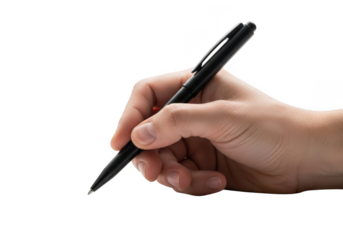 A human hand holding a black pen poised to write or draw showcasing a precise grip and elegant writing instrument isolated on transparent background