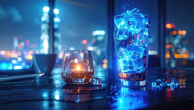 Vibrant Blue Cocktail and Candlelit Drink on Bar with Cityscape Bokeh Background at Night