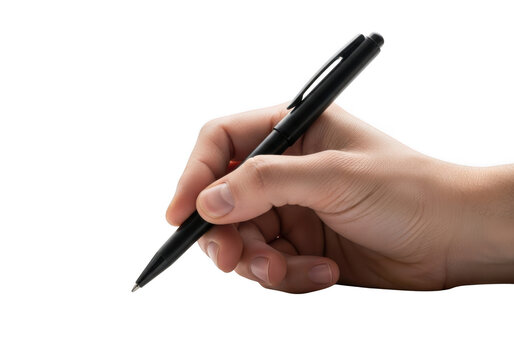 A human hand holding a black pen poised to write or draw showcasing a precise grip and elegant writing instrument isolated on transparent background