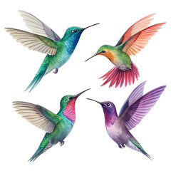 Obraz premium A colorful set of flying tropical birds, including hummingbirds and parrots, as a vector illustration