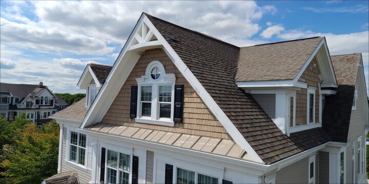 Elevated Perspective of Luxury Townhome Showcasing Double Gable Roof with Triangular Gable Detail and Elegant Round Air Vent Against Beige Shingle Siding and Blue Sky
