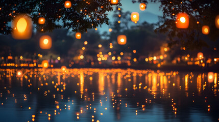 Floating lanterns illuminate the tranquil lake at night, casting a warm glow on the waters surface, creating a magical and serene atmosphere