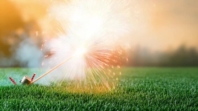 Firework on Green Field: A firework explodes over a vibrant green field, its colorful sparks illuminating the scene. A perfect celebration on a sunny day.