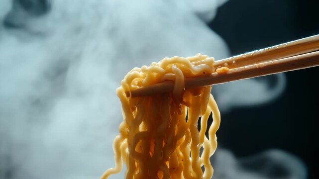 Steaming noodles lifted by chopsticks

