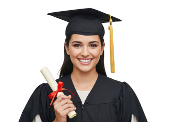 Smiling young woman in academic regalia holding a diploma scroll with a red ribbon isolated on transparent background