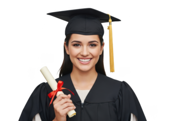 Smiling young woman in academic regalia holding a diploma scroll with a red ribbon isolated on transparent background