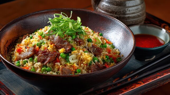 Chifa Style Fried Rice with Epicurean Flavor and Tender Beef in a Unique Willow Presentation