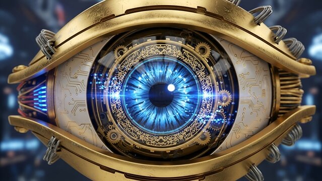Futuristic Mechanical Eye with Blue Iris and Gold Frame Science Fiction Technology