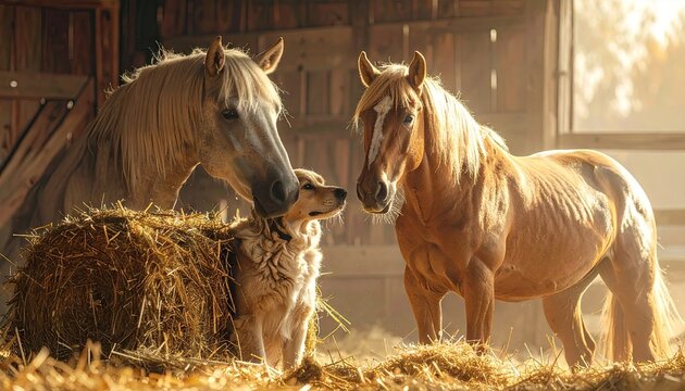 Two horses and a small dog interacting in a sunlit stable with hay and straw creating a warm atmosphere
