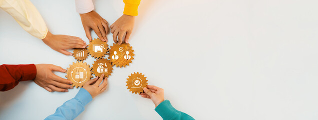 A vibrant scene showcasing diverse hands working together with gear icons, symbolizing teamwork and...