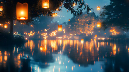 Magical night scene with glowing lanterns floating over a tranquil lake, creating a serene and enchanting atmosphere with warm light reflections