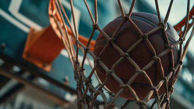 A close up shot of a basketball going through the net of a basketball hoop in an outdoor setting - Powered by Adobe