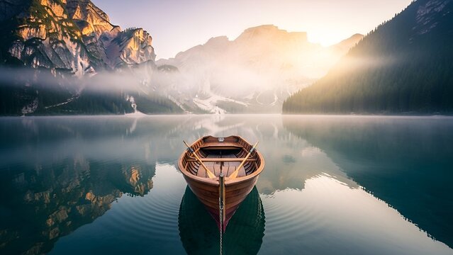 Serene Wooden Rowboat Floating on Calm Mountain Lake at Sunrise