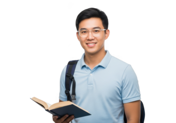 Young asian man wearing glasses and a light blue polo shirt holding an open book with a backpack on his shoulders isolated on transparent background