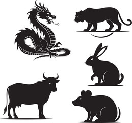 Silhouettes of chinese zodiac animals including dragon tiger rabbit ox and rat