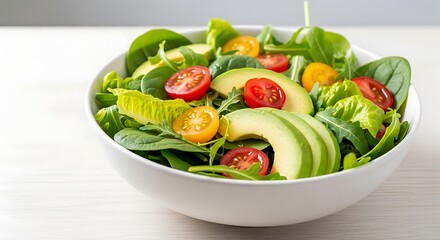 Fresh and Vibrant Salad with Avocado Tomatoes and Greens in a White Bowl Close Up