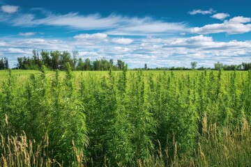Obraz premium Intriguing Crop Resembling Marijuana in a Lush Summer Field under Vibrant Blue Sky