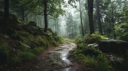 Obraz premium 雨上がりの森に漂う土の香り