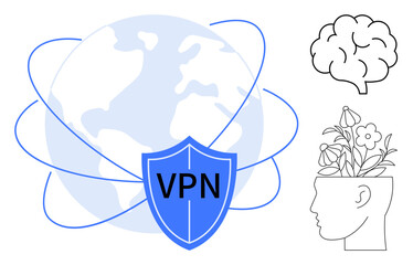 VPN shield with global orbit lines, brain, and head sprouting flowers representing internet security, creativity, and mindfulness. Ideal for tech, privacy, mental health, education and innovation