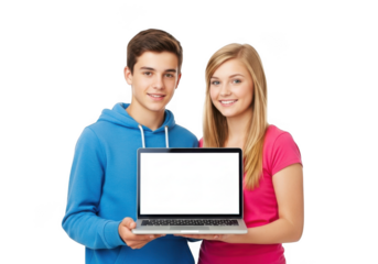 Two smiling young individuals a boy and a girl holding a modern laptop with a blank white screen isolated on transparent background