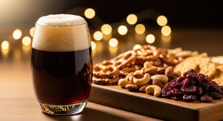 glass of beer with pretzel and nuts for christmas movie night with bestie or family