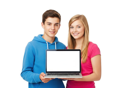 Two smiling young individuals a boy and a girl holding a modern laptop with a blank white screen isolated on transparent background