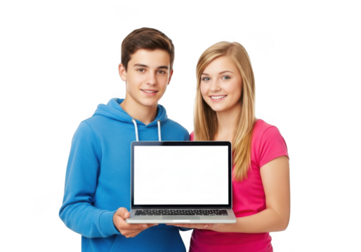 Two smiling young individuals a boy and a girl holding a modern laptop with a blank white screen isolated on transparent background