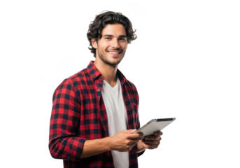 Young man wearing a red plaid shirt and white t shirt holding a tablet device with a happy expression isolated on transparent background