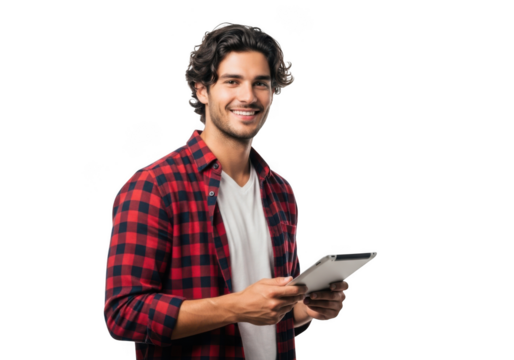 Young man wearing a red plaid shirt and white t shirt holding a tablet device with a happy expression isolated on transparent background