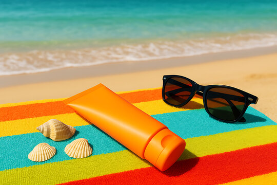 Vibrant orange sunblock cream tube placed on a colorful striped towel next to sunglasses and seashells on a tropical beach background mockup