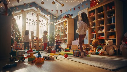 Joyful children playing together in a festively decorated playroom filled with toys and Christmas cheer, creating a warm and inviting atmosphere