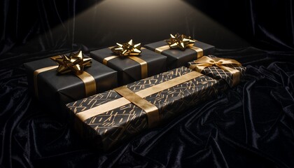 Elegant black and gold gifts for special occasions, beautifully wrapped presents ready for birthdays, holidays, or corporate celebrations with luxury vibe
