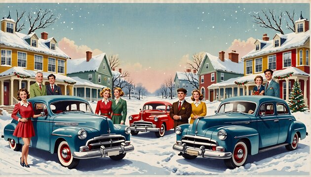 Classic Americana winter scene with vintage cars and stylish families, perfect for holiday nostalgia or retro advertising campaigns, capturing joyful moments