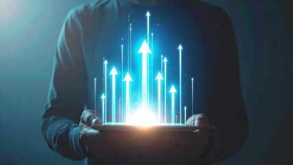 Person holding a glowing digital tablet with holographic upward arrows. - Powered by Adobe