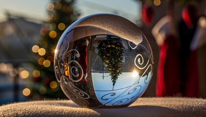 Magical Christmas tree captured within a festive glass ball, perfect for holiday marketing and seasonal promotions with warmth and cheer