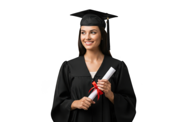A smiling young woman wearing a graduation cap and gown holds a diploma scroll with a red ribbon isolated on transparent background