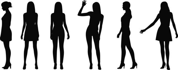 Silhouettes of women standing posing in different elegant positions fashion figure collection isolated female outline vector set