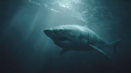 Fototapeta premium Powerful great white shark swimming in deep, dark blue ocean water, illuminated from above by sunbeams filtering through the surface, creating an intense, dramatic, and moody scene