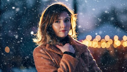 Elegant woman enjoying winter snowfall in city, perfect for holiday advertising, seasonal campaigns, or heartwarming lifestyle content about winter joy