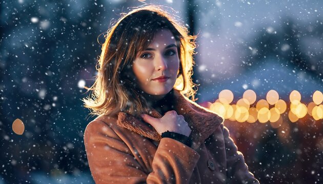 Elegant woman enjoying winter snowfall in city, perfect for holiday advertising, seasonal campaigns, or heartwarming lifestyle content about winter joy