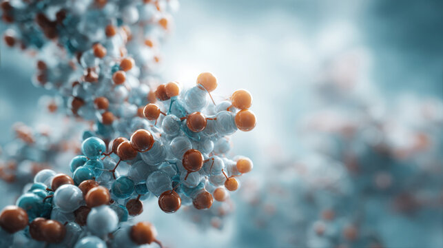 Close-up macro rendering of a complex molecular structure, resembling a woven chain of translucent white/blue and opaque orange spheres (atoms), with a bright light source in the background