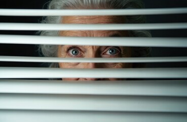 Elderly woman looks through window blinds. Her blue eyes express suspicion and unease as she watches something outside. She feels anxious and concerned about unseen events occurring.