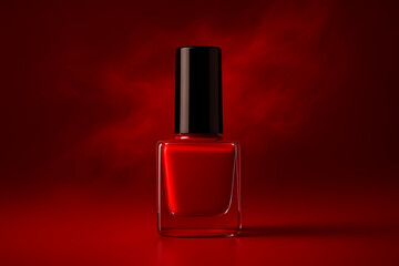 Square glass bottle of glossy red nail polish with a black cap mock-up centered on a dramatic red background for professional beauty cosmetic advertising display mockup