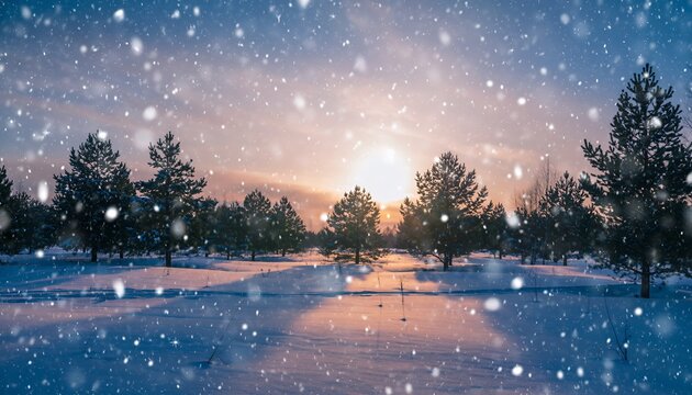 Breathtaking winter wonderland scene with snow falling gently on pine trees at sunset, creating a magical and serene atmosphere for seasonal campaigns