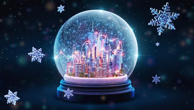 Enchanting cityscape nestled inside a snow globe with falling snowflakes, a magical winter scene for holiday promotions and captivating seasonal campaigns